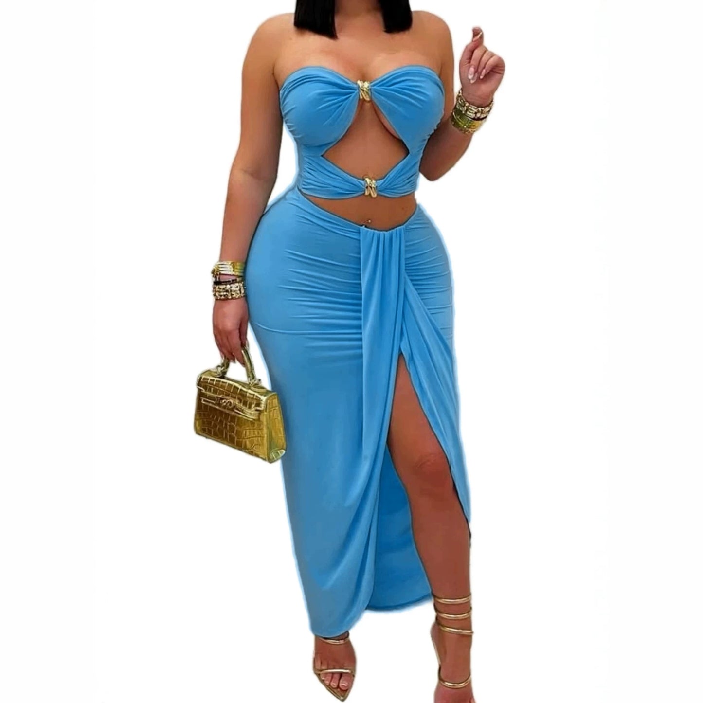 M-6201 Conjunto de vestido veraniego sexy de color sólido de Amazon