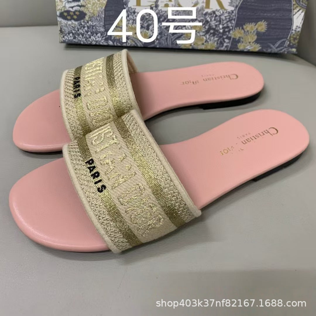 Zapatillas de alta calidad marca D, tallas 1-48, bordados jacquard, zapatillas planas clásicas casuales de playa para mujer