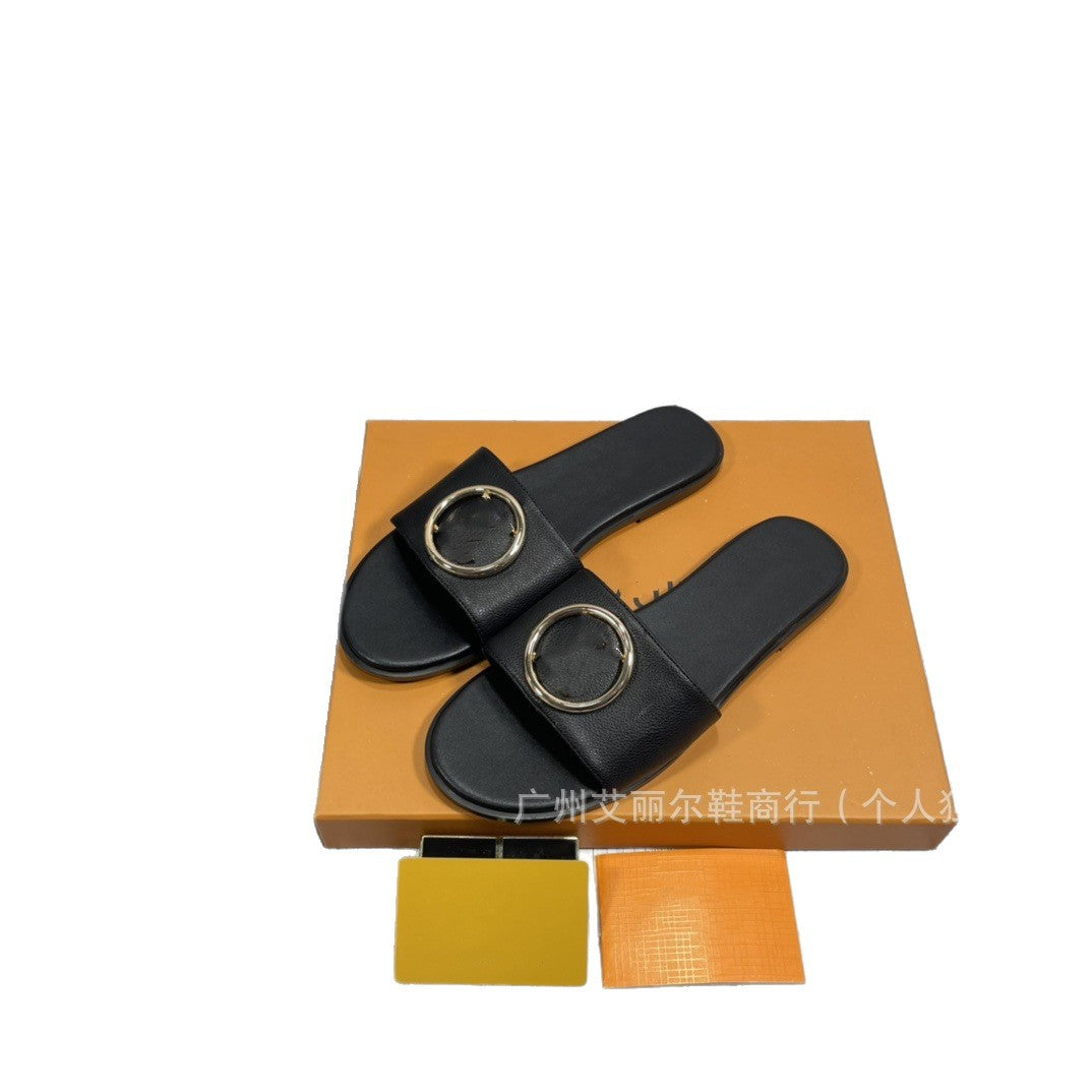 Exclusivo para el comercio exterior, zapatillas de marca L, monogramas de alta calidad, letras con hebilla de goma, zapatos de mujer, zapatillas planas al por mayor