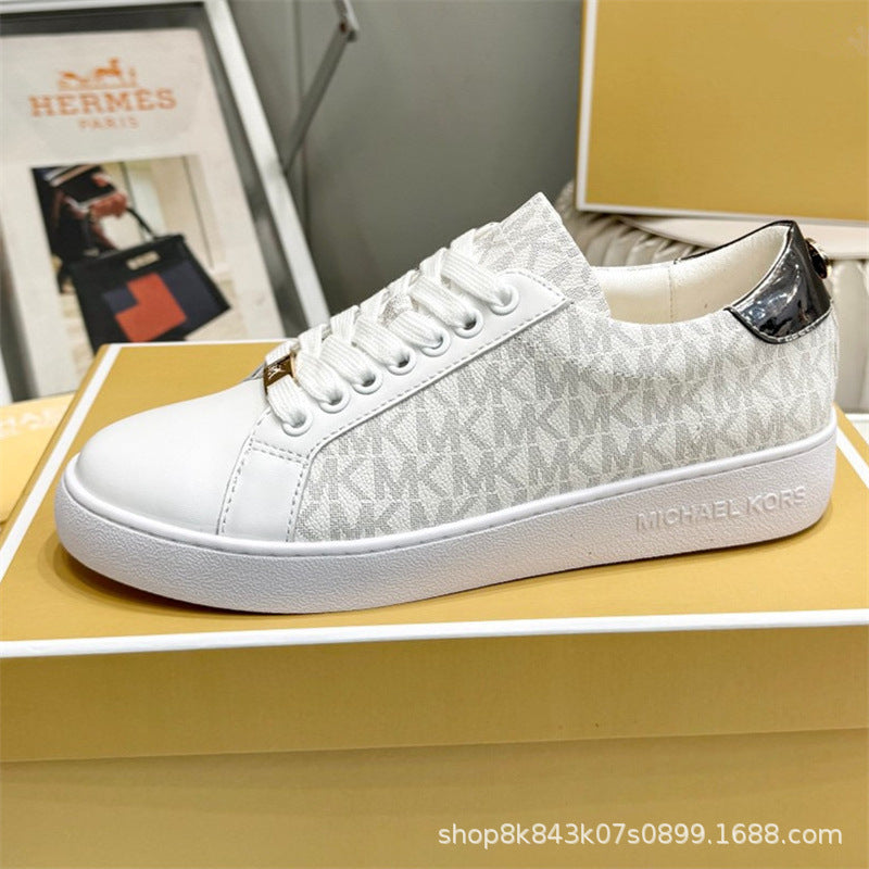 2024MK moda nuevas zapatillas blancas de mujer, piel de becerro, hebilla metálica con cordones, zapatillas de escalada, tendencia zapatillas de correr
