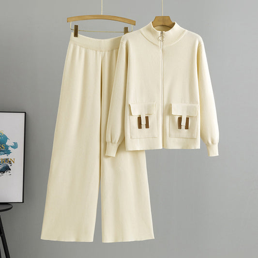 Europäisches Freizeit-Mode-Set für den grenzüberschreitenden Außenhandel, neues zweiteiliges Strickhosen-Set mit Reißverschluss für Herbst/Winter