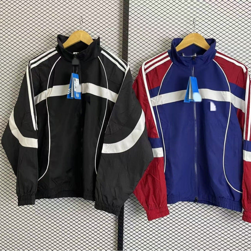 春・秋用カラーブロックバーシティジャケット、メンズハイネックジャケット、トレンチコート、刺繍ラベル、シンプルで通気性あり、3797