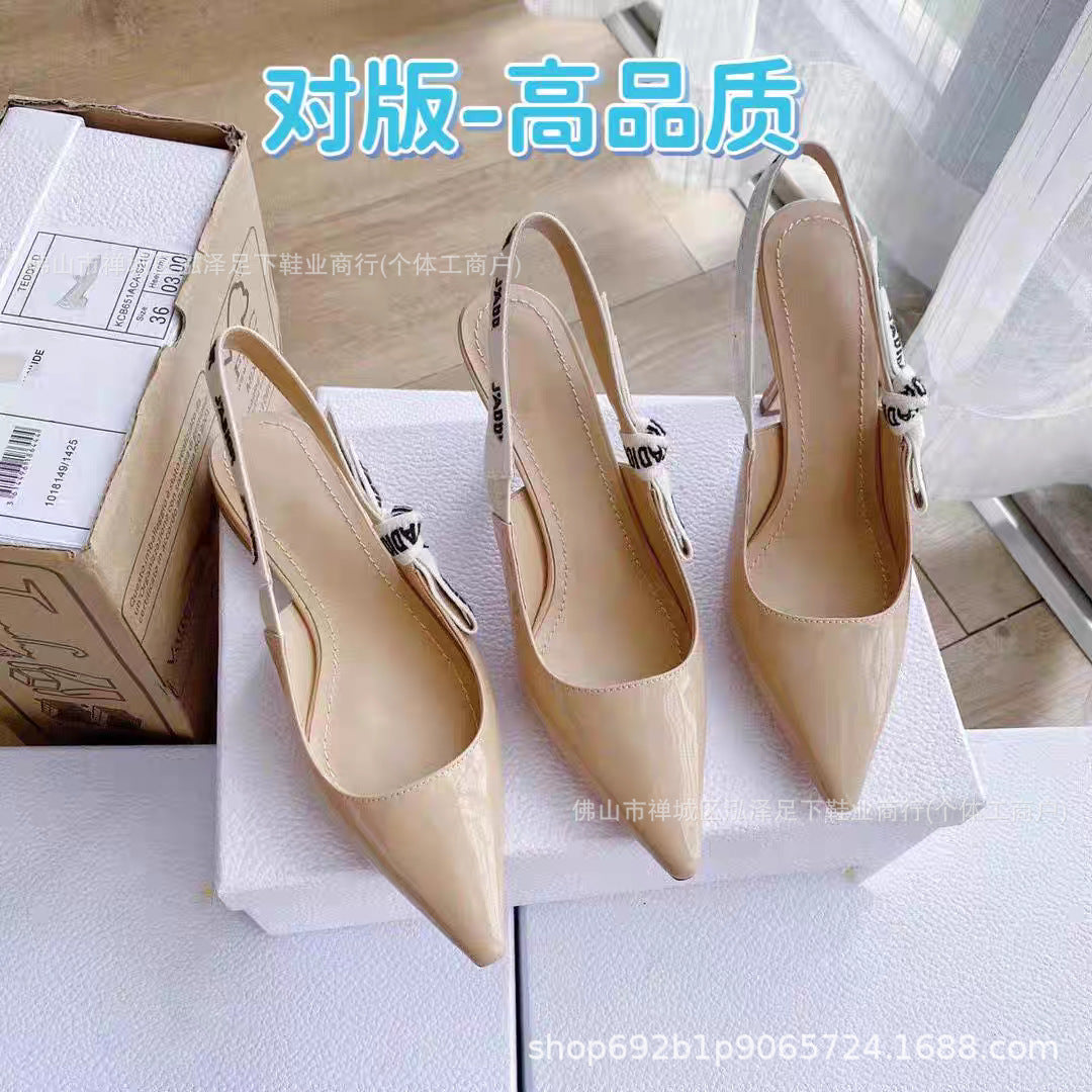 Primavera y otoño 2026 Nuevos tacones altos Zapatos familiares D Lazos de letras bordados Sandalias de cuero genuino Tacones de gato Tacones de aguja para mujer