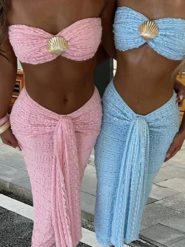 Conjunto de bikini de playa de playa de comercio exterior europeo y americano, falda midi sexy de playa de color sólido, 2025