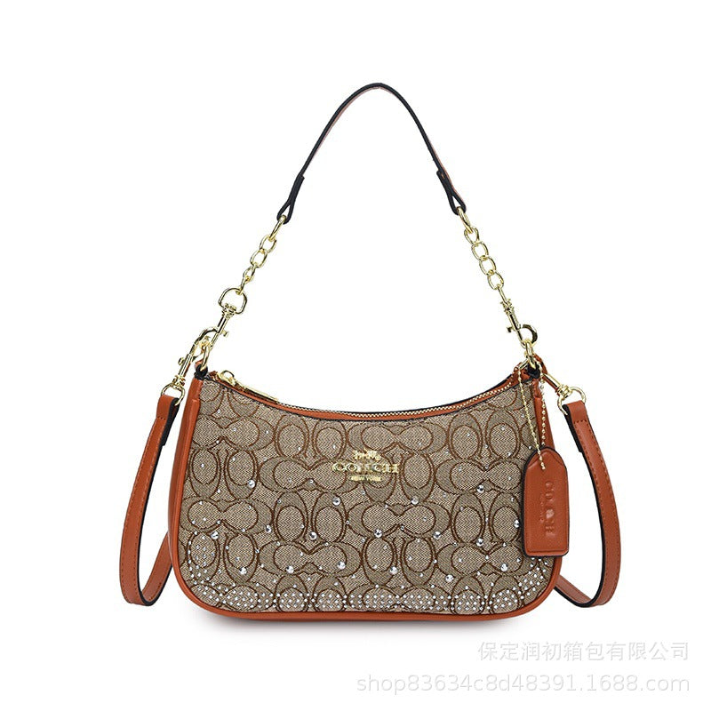 Bolso monograma Koujia con pedrería con media luna y media, nuevo bolso de cadena versátil transfronterizo, bolso bandolero cruzado de un solo hombro