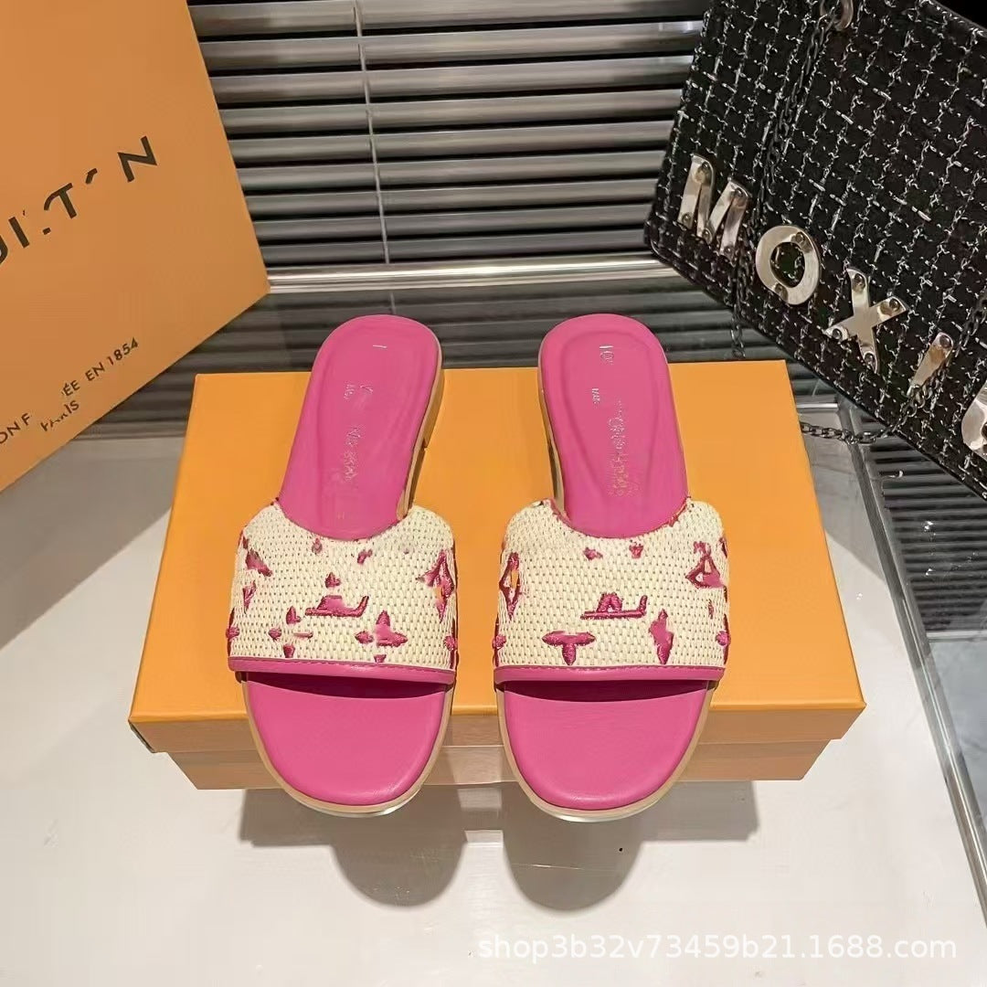 Sandalias Planas Mujer Logo LV | Tela Jacquard Suela Goma Playa