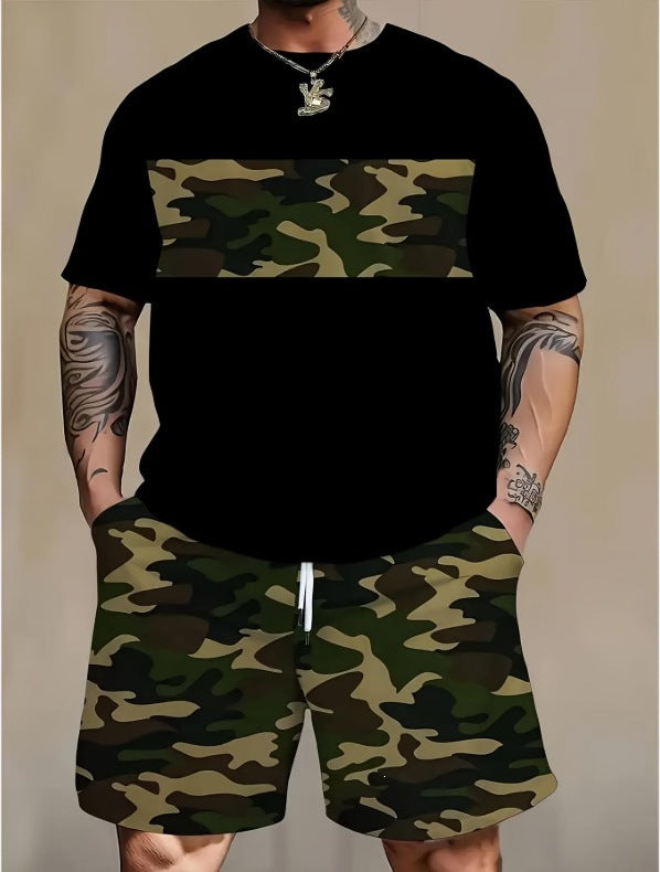 Conjunto casual de hip-hop casual de verano con impresión digital 3D de Amazon de Amazon lleva pantalones cortos de cuello redondo y manga corta sueltos