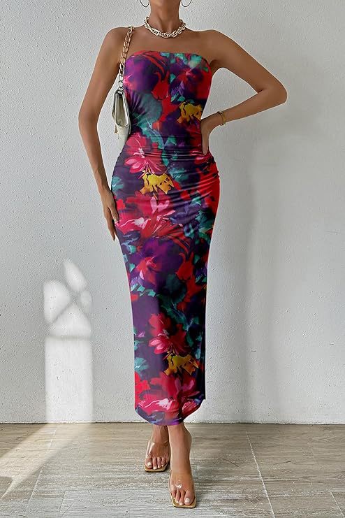 Vestido sin tirantes sin tirantes Shein de Amazon en comercio exterior exterior europeo y estadounidense 2025 con estampado sin mangas y abertura