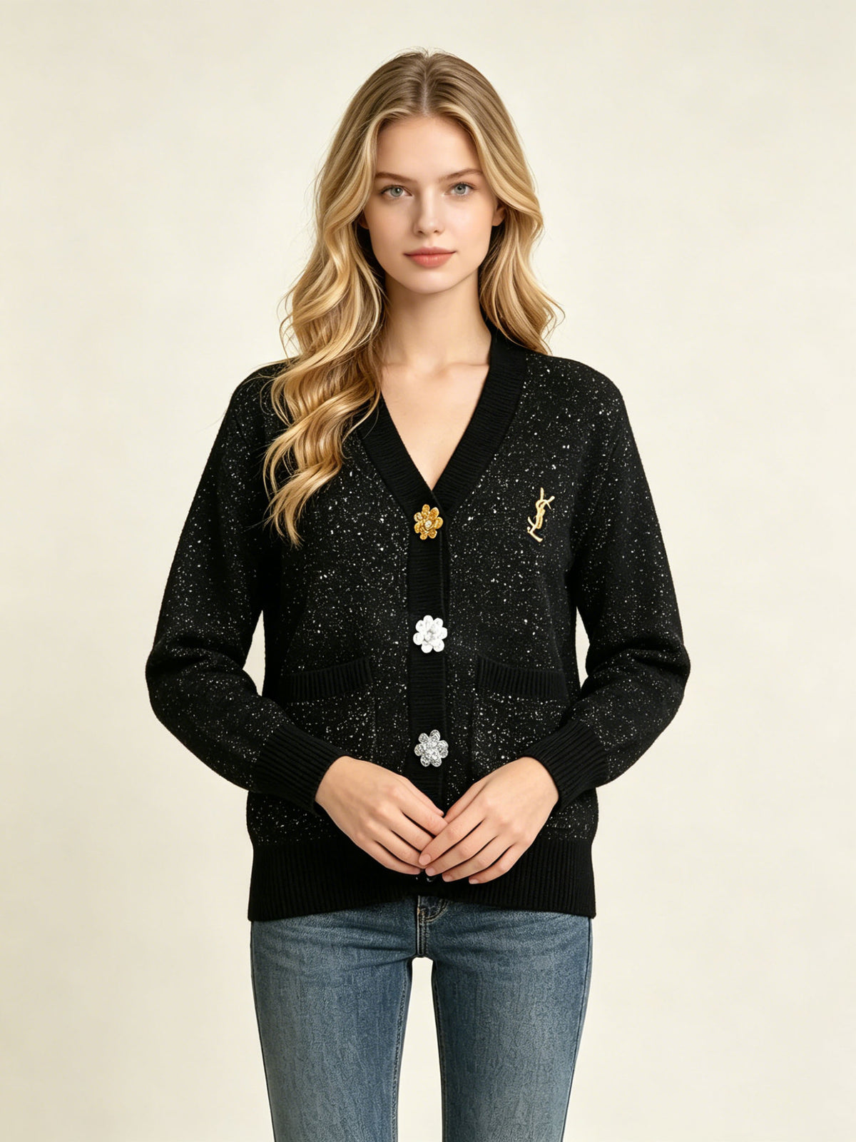 Women's long cardigan Y | Glitter knit and floral buttons