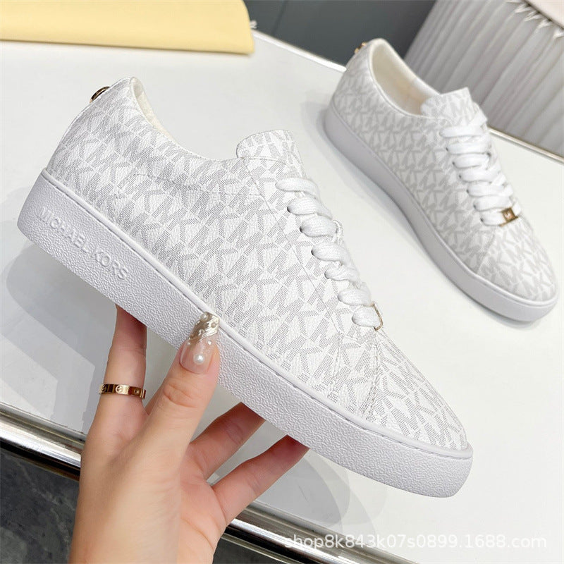 2024MK moda nuevas zapatillas blancas de mujer, piel de becerro, hebilla metálica con cordones, zapatillas de escalada, tendencia zapatillas de correr