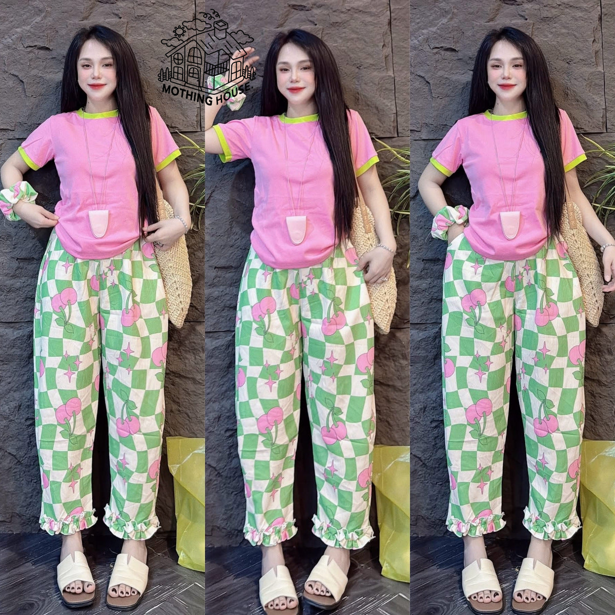 Conjunto casual transfronterizo para mujer, camiseta de manga corta de poni con diseño de verano, pantalones anchos de pierna ancha a rayas anchas y conjunto de dos piezas