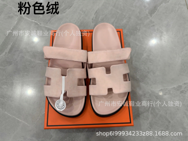 Sandalias Planas Velcro Mujer Suela Gruesa Cuero