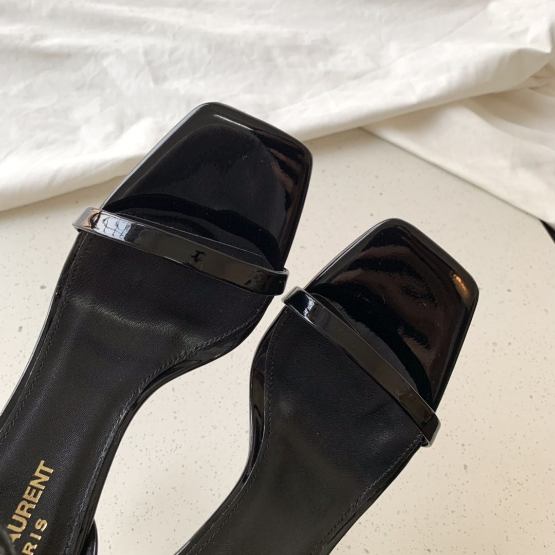 Sandalias SYL superventas transfronterizas para mujer, tacones metálicos Yang Shulin, tacones altos Saint Laurent de una sola tira de charol para mujer, talla grande