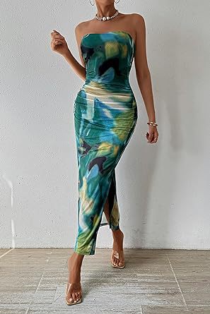 Vestido sin tirantes sin tirantes Shein de Amazon en comercio exterior exterior europeo y estadounidense 2025 con estampado sin mangas y abertura