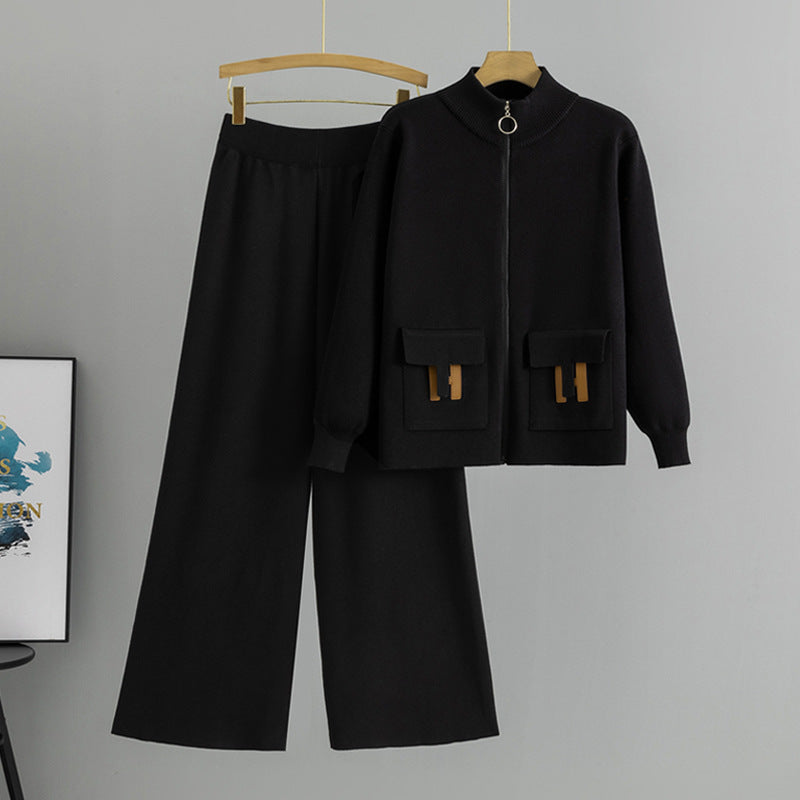 European style casual fashion set for cross-border e-commerce, new autumn/winter two-piece knitted pants set with zipper