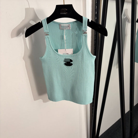 Nanyou camiseta de tirantes de punto de punto de punta de alta gama de Nanyou elegante y ajustada de estilo dulce de Xiaoxiang