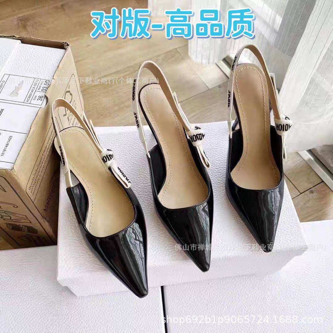 Primavera y otoño 2026 Nuevos tacones altos Zapatos familiares D Lazos de letras bordados Sandalias de cuero genuino Tacones de gato Tacones de aguja para mujer
