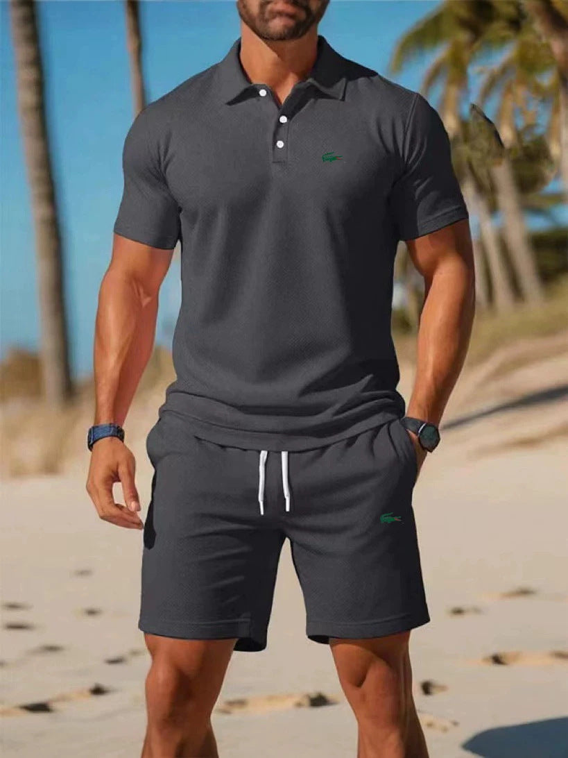 Polo negro de manga corta + pantalones cortos de verano 2026 Conjunto deportivo casual, sencillo, a la moda, de secado rápido, transpirable