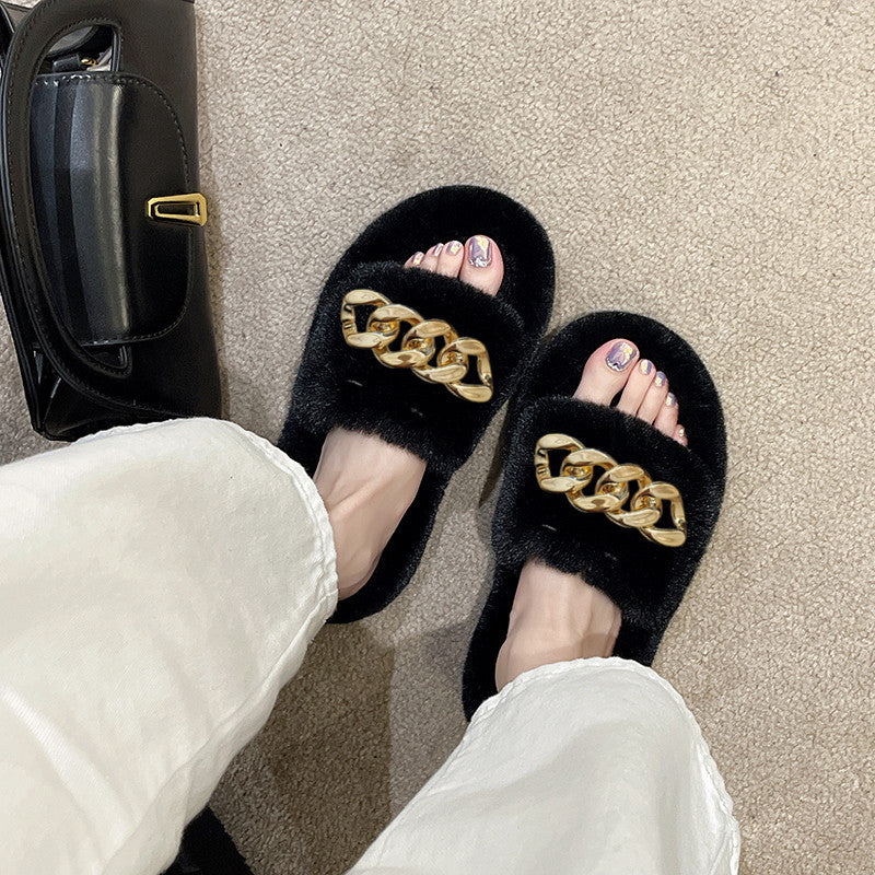 Las zapatillas de cadena de suela gruesa para mujeres llevan el nuevo algodón de peluche explosivo de primavera e verano de celebridades de Internet en otoño e invierno en 2024