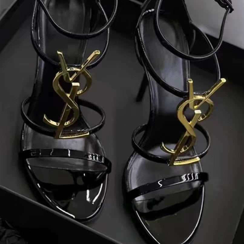 Sandalias de tacón alto con letras únicas para mujer, zapatos de charol brillante y elegantes de 2025