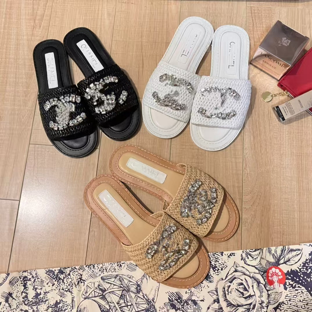 Chanel estilo Little Chanel estilo Double C Heavy Industry de alta calidad para mujer, sandalias planas elegantes y versátiles para ropa exterior