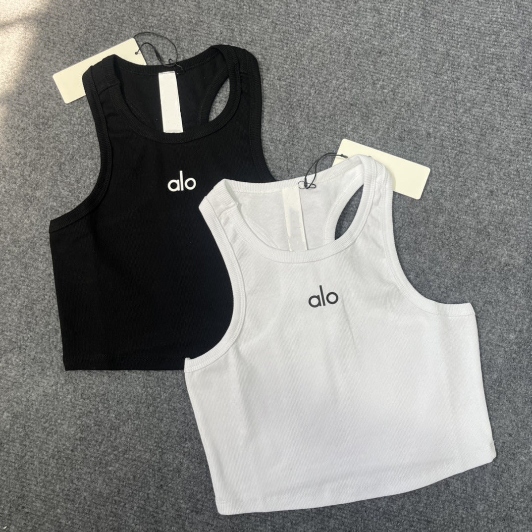 Alo versátil camiseta deportiva deportiva europea y estadounidense de yoga, dopamina deportiva fitness sujetador camisola de punto expuesta para mujer