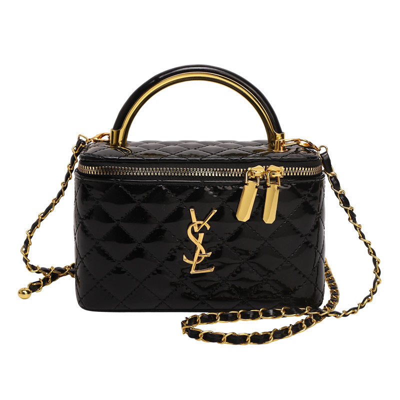 Bolso de mujer de mujer con letras de charol y perlas, caja de un solo hombro bordada con diamantes, bolso pequeño cuadrado, bolso de maquillaje con cadena cruzada