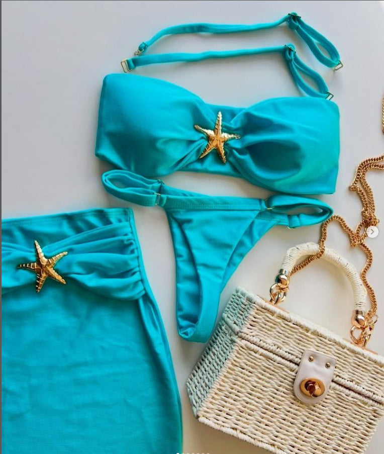 Conjunto de camiseta de tres piezas 2025 nuevo bikini sexy de color sólido con biquinio dividido transfronterizo en un bañador
