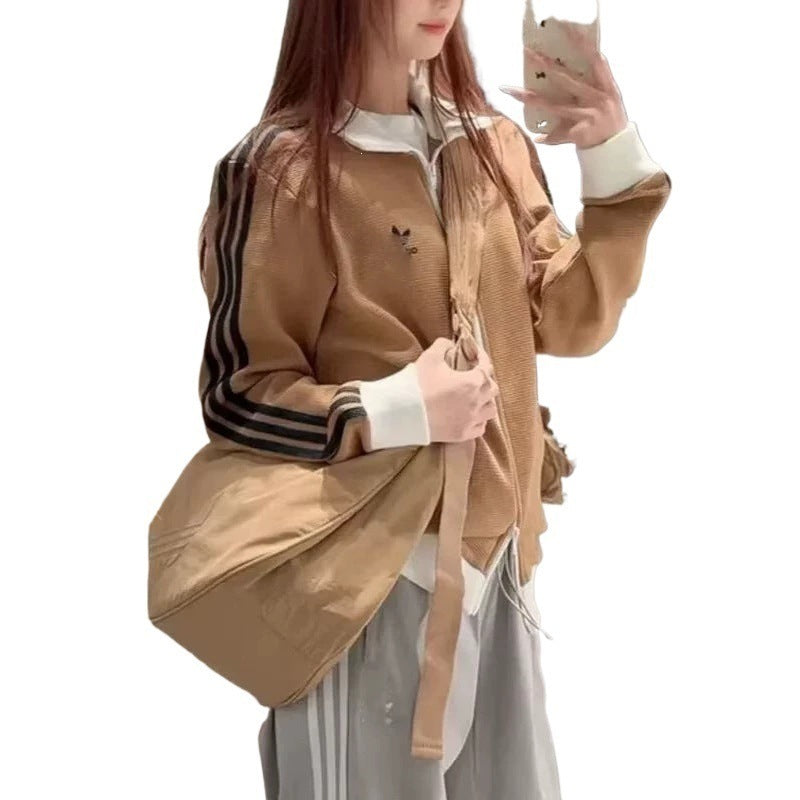 Women's Embroidered Cardigan A | High Neck and Three Stripes