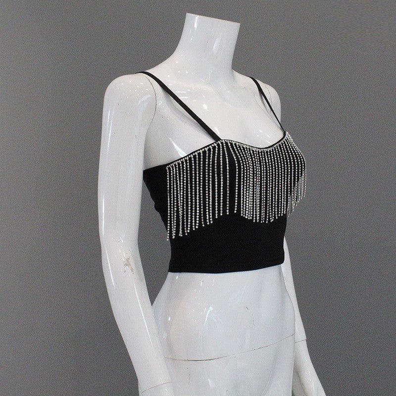 Top de ventas femenino europeo y estadounidense, camiseta corta sin tirantes y camiseta sin tirantes de Amazon de color sólido con flequillo y flequillo sin tirantes