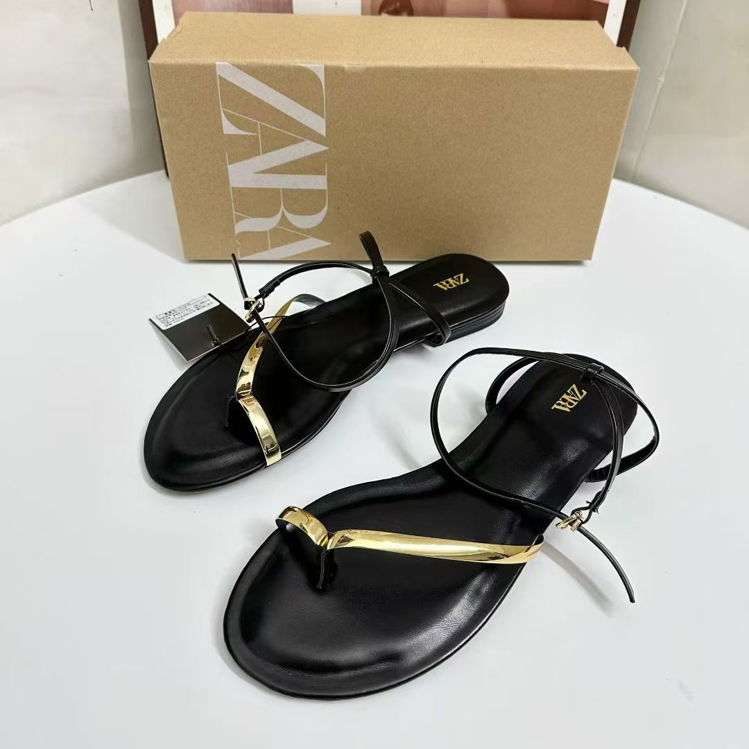 ZA2025 Zapatillas Nuevas de Otoño para Mujer Europeas y Americanas: Sandalias Tacones Planos Tacones Metálicos Negros con Tiras Metálicas con Cordones