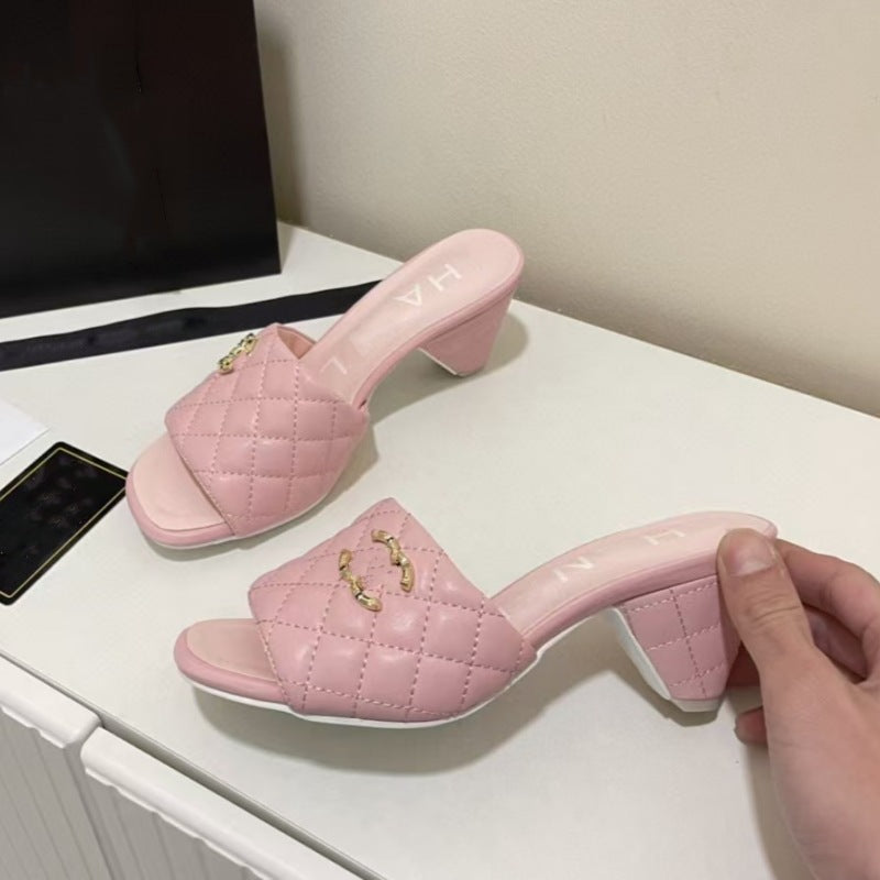 Zapatillas de tacón nuevas estilo Chanel de alta costura de alta costura, tacones altos en forma de diamante, tacones gruesos y zapatillas vintage de cuero genuino