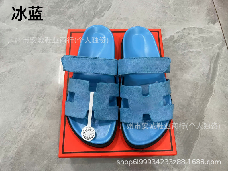 Sandalias Planas Velcro Mujer Suela Gruesa Cuero