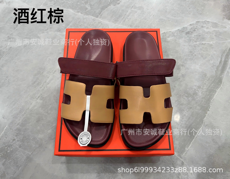 Sandalias Planas Velcro Mujer Suela Gruesa Cuero