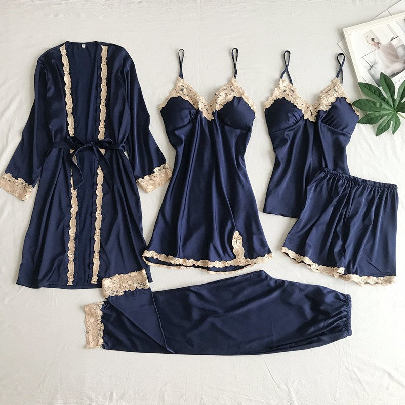 Nuevos pijamas transfronterizos para el comercio exterior con protectores en el pecho, camisetas de seda sexys, conjunto dorado de cinco piezas florales y ropa cómoda fina
