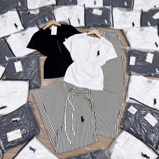 Conjunto casual transfronterizo para mujer, camiseta de manga corta de poni con diseño de verano, pantalones anchos de pierna ancha a rayas anchas y conjunto de dos piezas