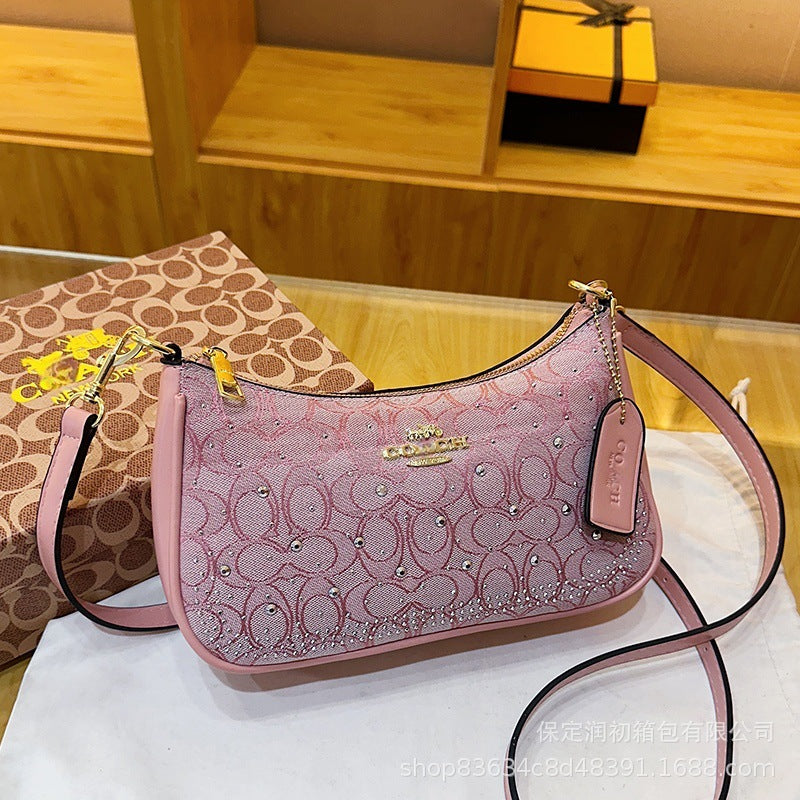 Bolso monograma Koujia con pedrería con media luna y media, nuevo bolso de cadena versátil transfronterizo, bolso bandolero cruzado de un solo hombro