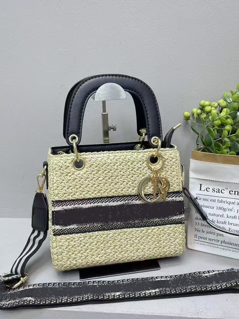 Women's Woven Straw Summer Handbag | Small Square Crossbody with Wide Strap | No Box