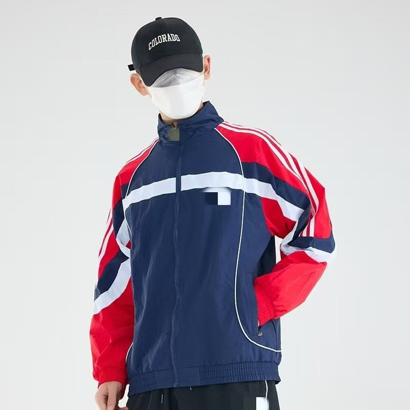 春・秋用カラーブロックバーシティジャケット、メンズハイネックジャケット、トレンチコート、刺繍ラベル、シンプルで通気性あり、3797