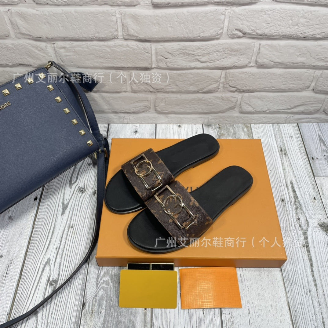 Exclusivo para el comercio exterior, zapatillas de marca L, monogramas de alta calidad, letras con hebilla de goma, zapatos de mujer, zapatillas planas al por mayor