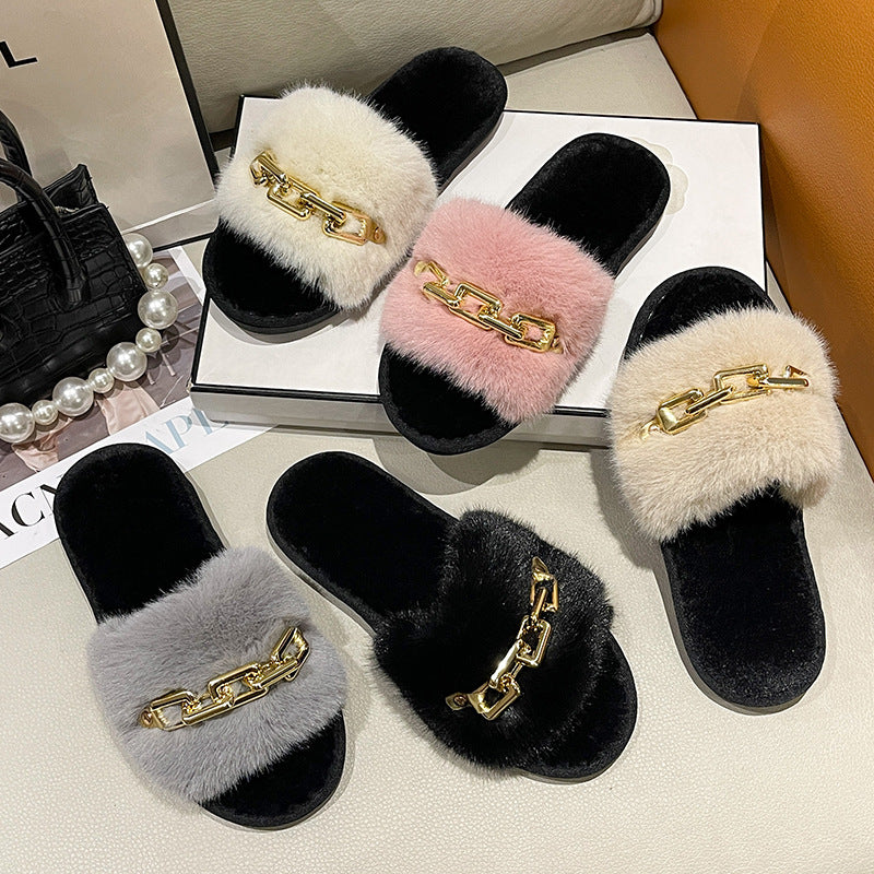 Zapatillas de piel nuevas para otoño e invierno transfronterizas, zapatillas de piel nuevas, moda femenina, cálida y gran cadena, zapatillas de tacón plano, tacón plano, comercio exterior