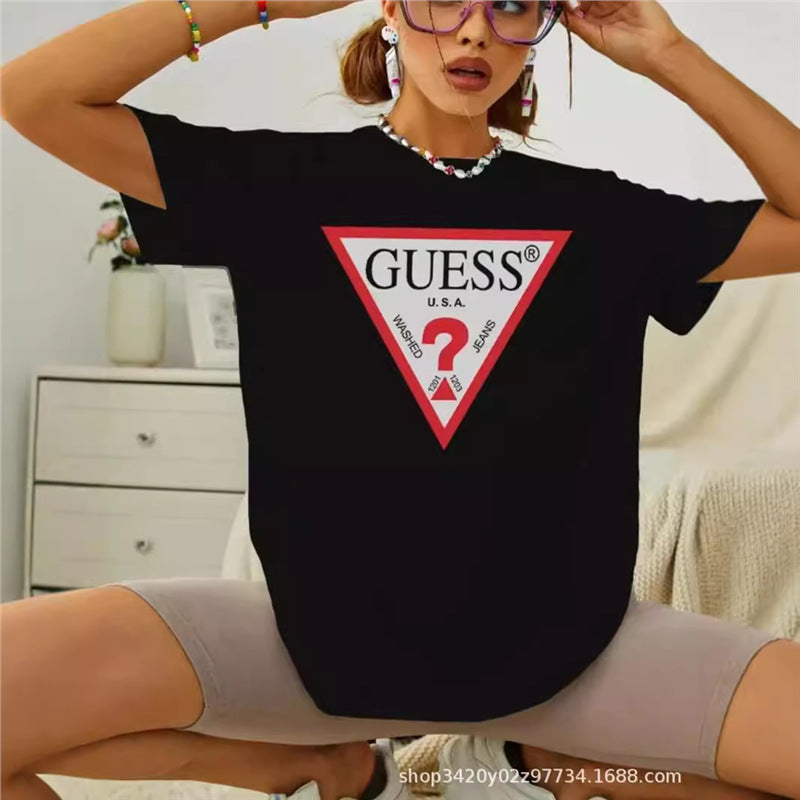 Camiseta de verano, camiseta de largo medio y de largo medio de estilo cross-fronterizo con un top de estilo transfronterizo, camiseta de verano, estampado perezoso de algodón puro, holgada para mujeres
