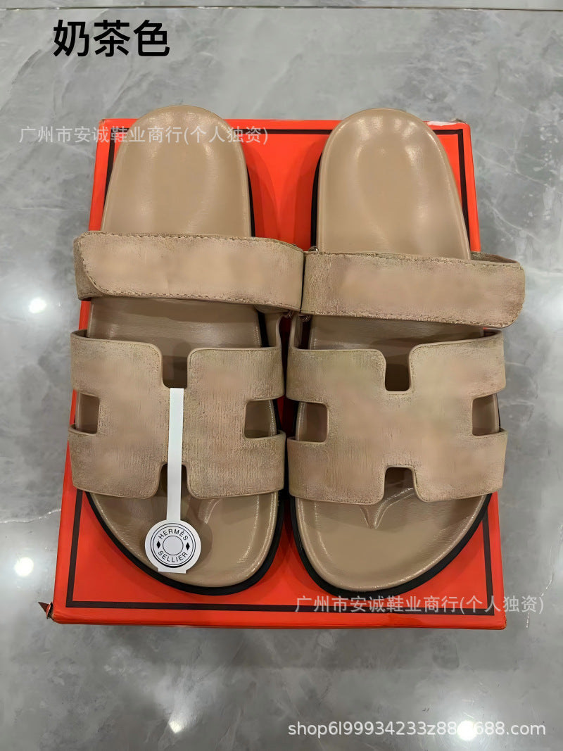 Sandalias Planas Velcro Mujer Suela Gruesa Cuero