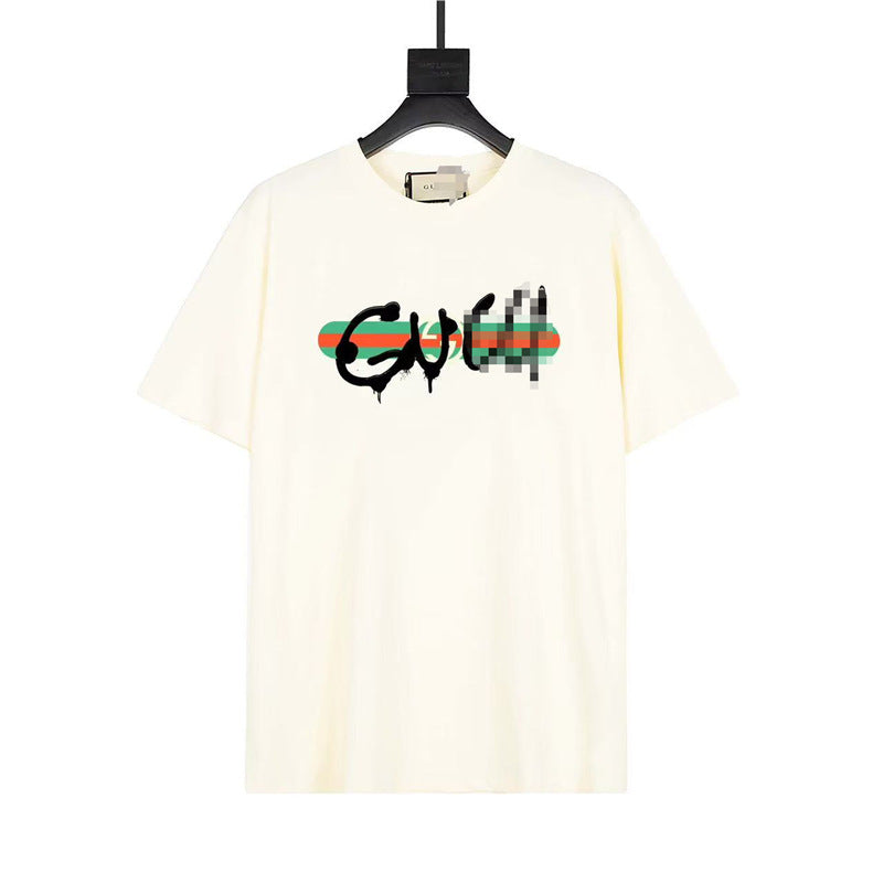 Letra de la familia G, camiseta con estampado de perro de pan, doble anillo, gran logo, manga corta, hombre y mujer de la misma pareja, estilo transfronterizo