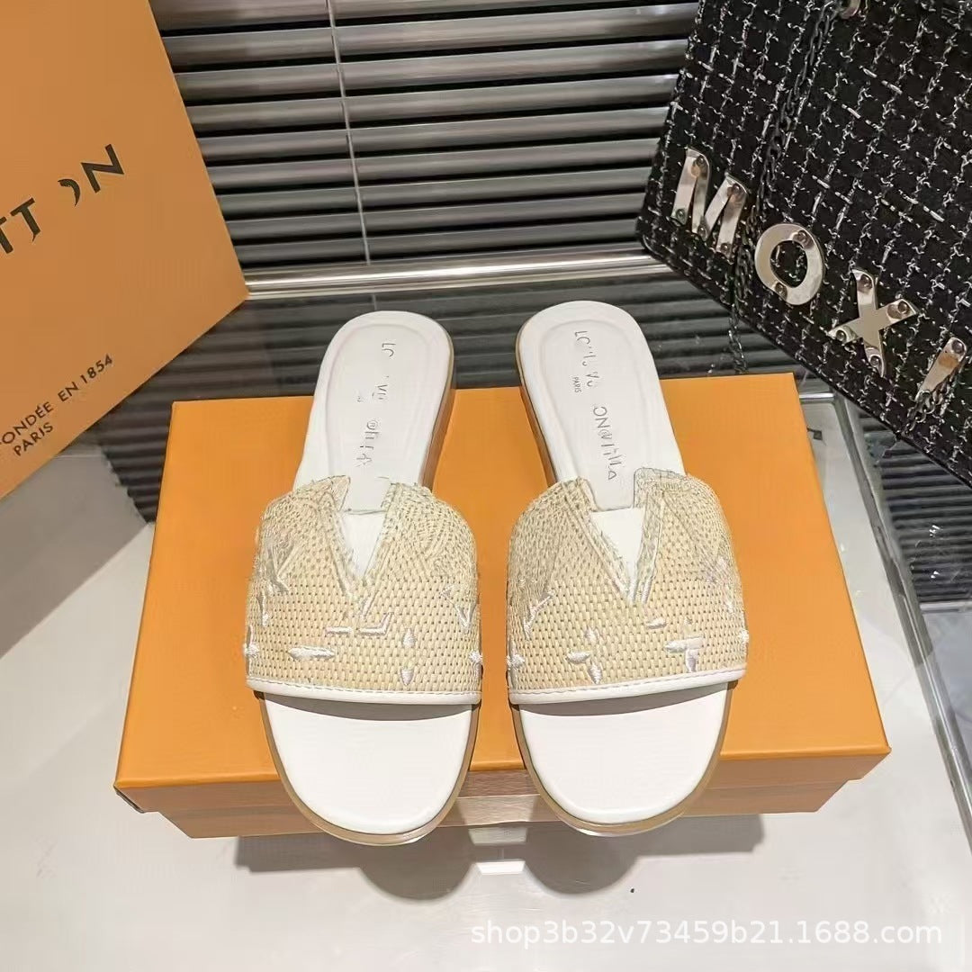 Sandalias Planas Mujer Logo LV | Tela Jacquard Suela Goma Playa
