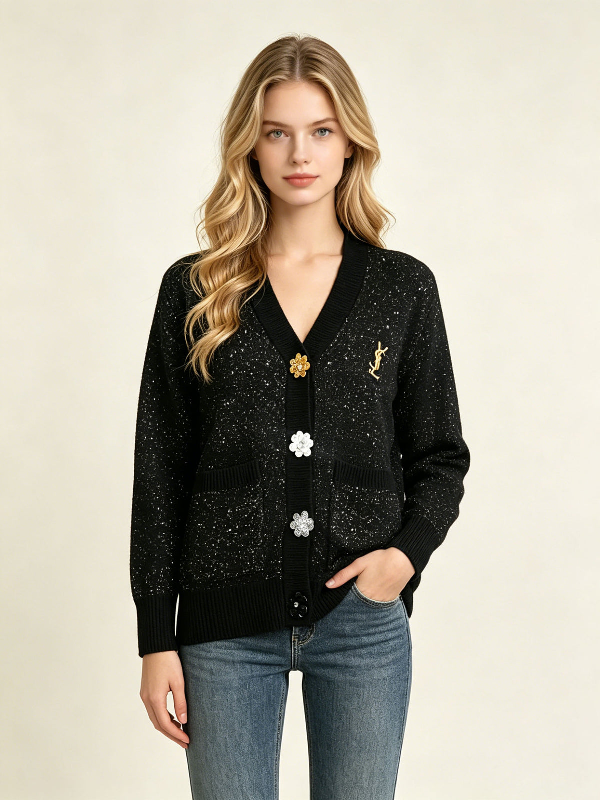 Women's long cardigan Y | Glitter knit and floral buttons
