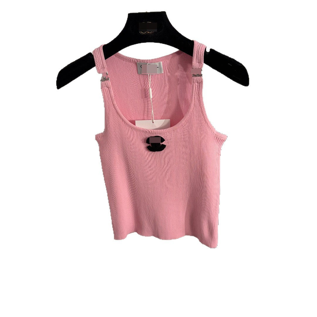 Nanyou camiseta de tirantes de punto de punto de punta de alta gama de Nanyou elegante y ajustada de estilo dulce de Xiaoxiang