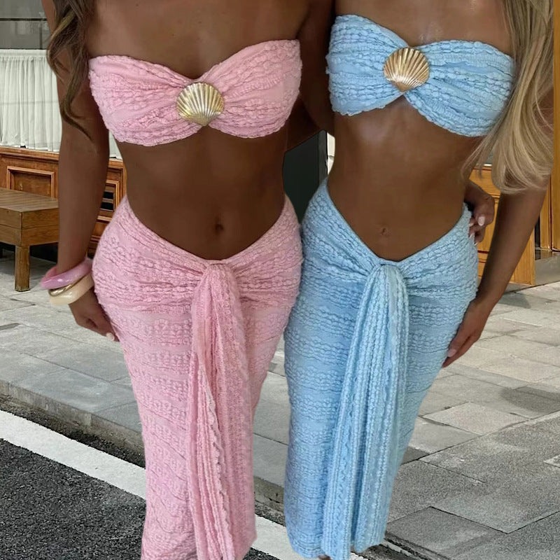 Conjunto de bikini de playa de playa de comercio exterior europeo y americano, falda midi sexy de playa de color sólido, 2025