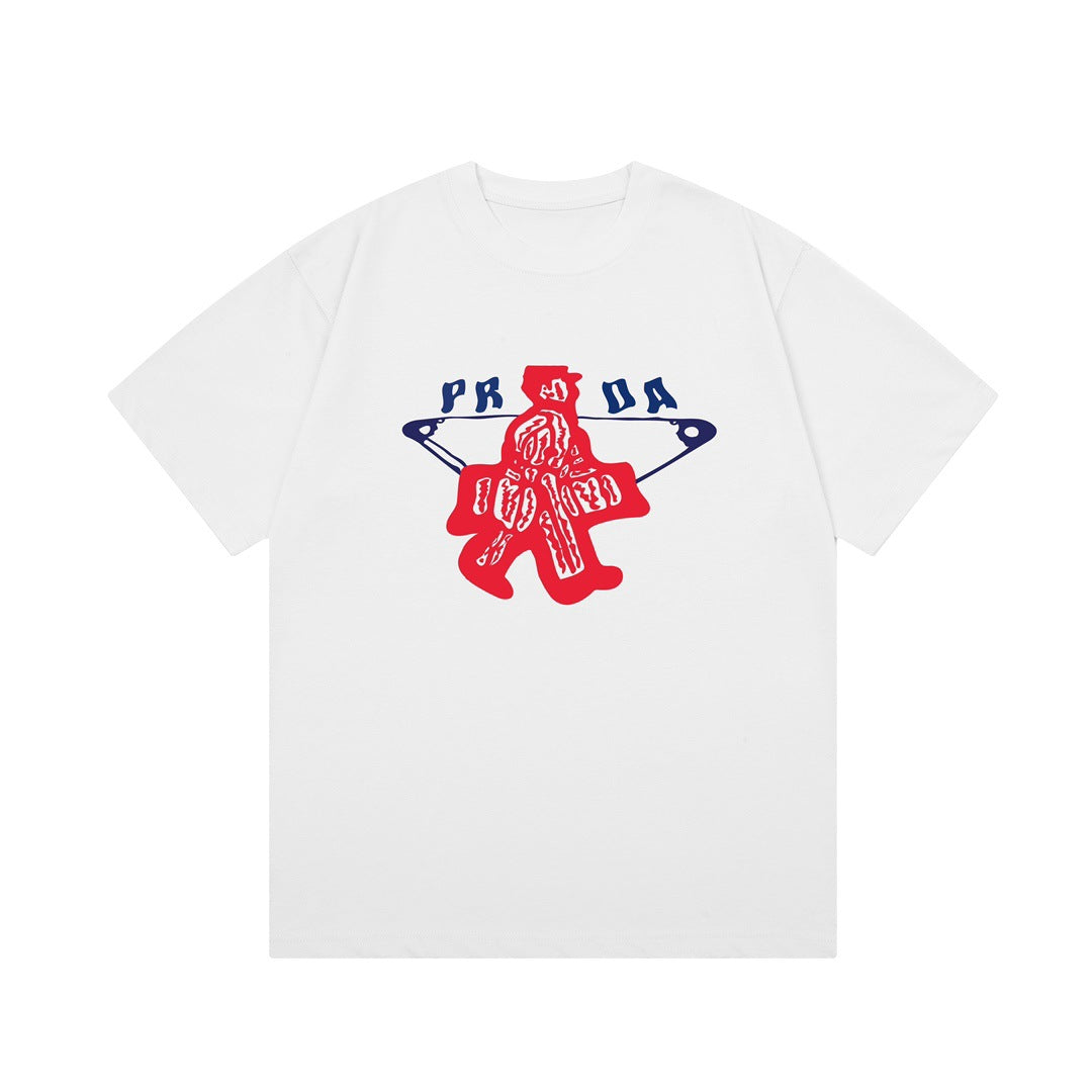 Versión de lujo de alta gama pra Pujia triángulo metálico LOGO, camiseta unisex de verano suelta y versátil con estampado y manga corta