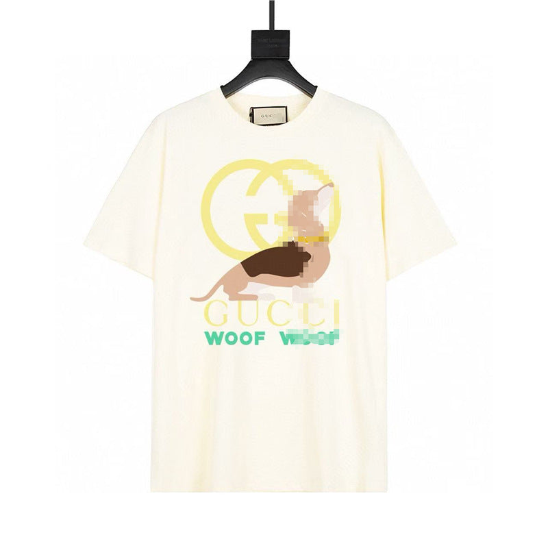 Letra de la familia G, camiseta con estampado de perro de pan, doble anillo, gran logo, manga corta, hombre y mujer de la misma pareja, estilo transfronterizo